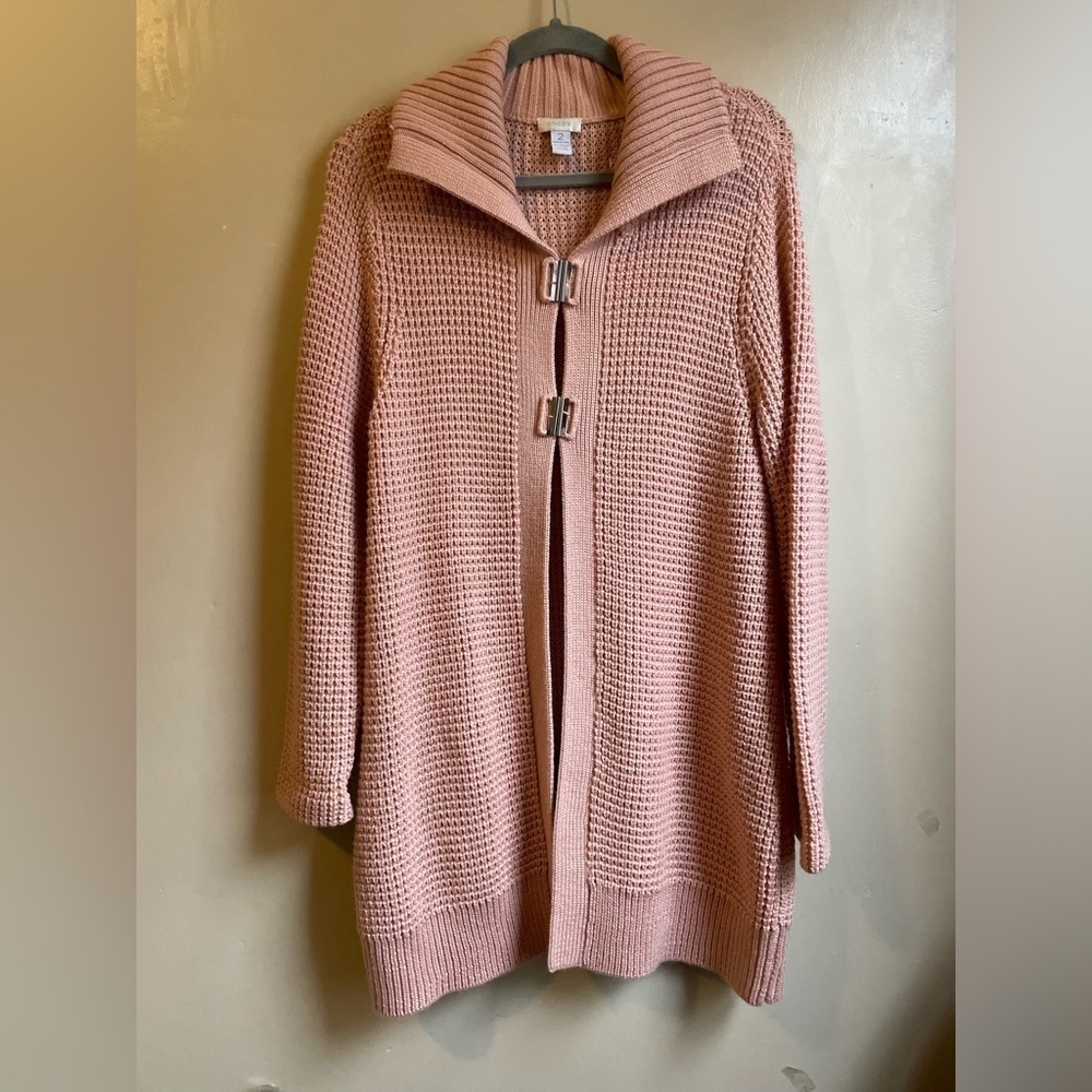 Chicos Wool Blend Knit Sweater Cardigan long LARGE preppy academia waffle knit